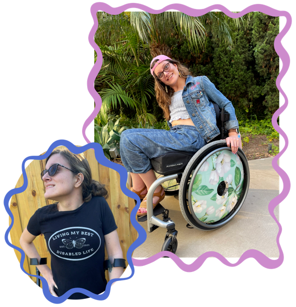 Olivia Murphy Two photos of Olivia Murphy a young white woman with brown hair and glasses. In the first photo she is wearing a shirt with her logo on it, looking off in the distance, with her hand on her hip and you can see her forearm crutches. In the second photo she